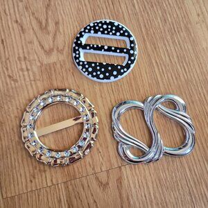 Vintage 80s Statement Cinch Buckles – Rhinestone + Polka Dot +‎ Silver Set